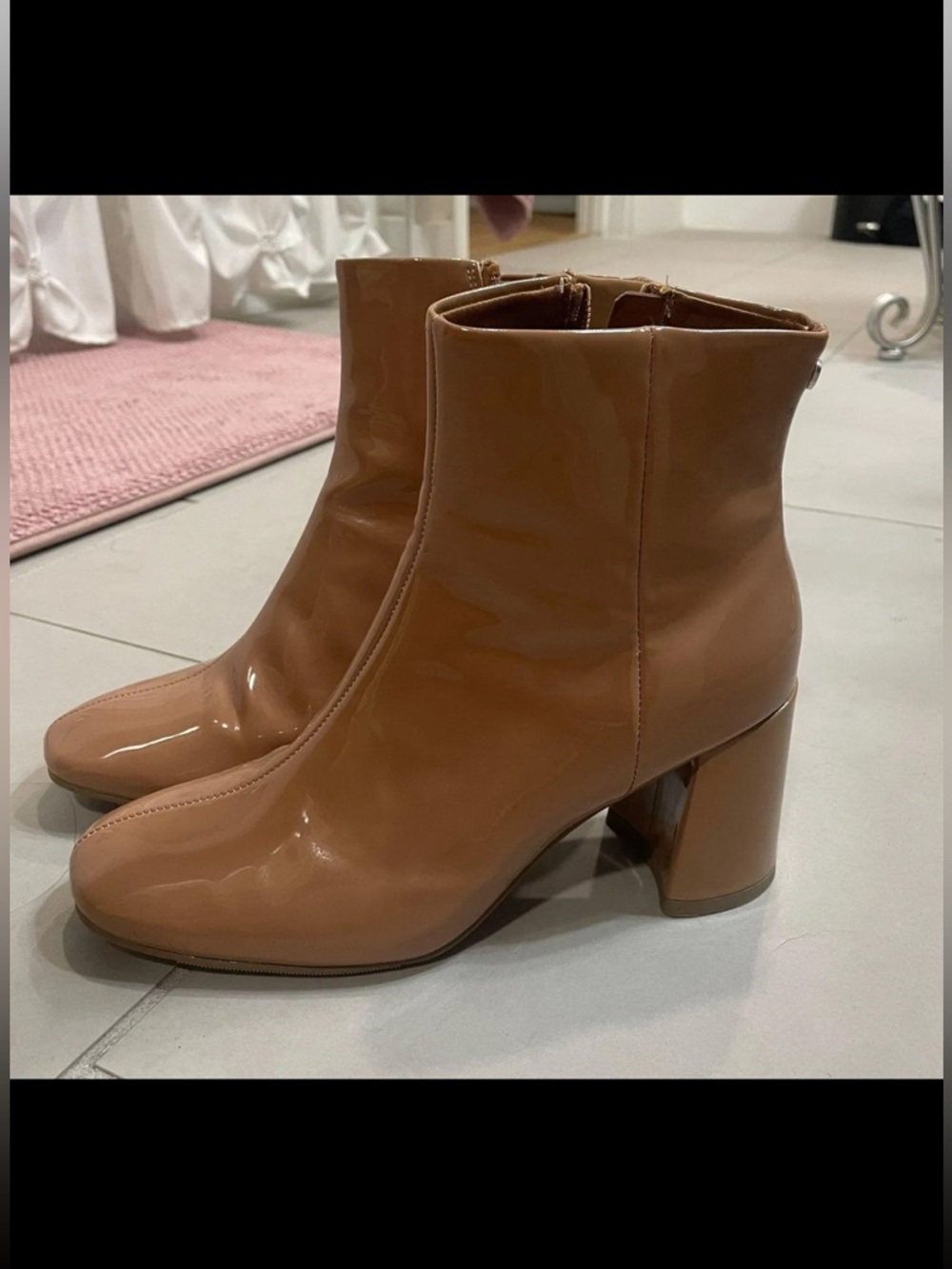 Steve Madden Glossy Camel Patent Block Heel Ankle Boots